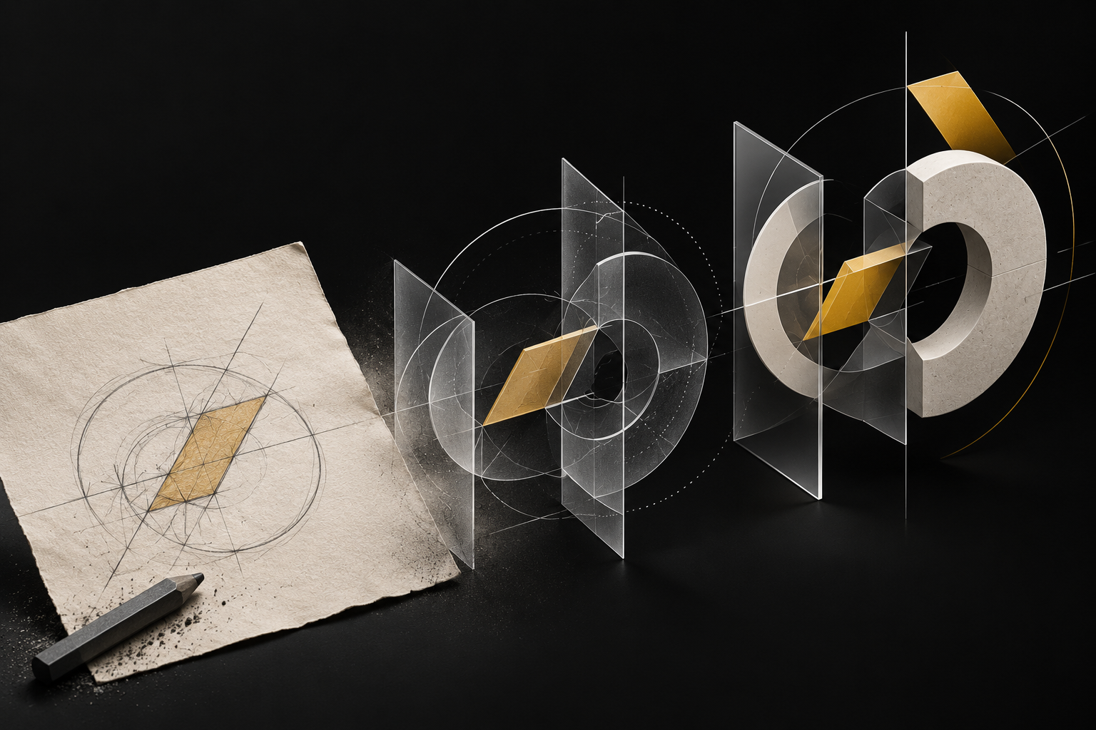 Piano progettuale in grafite e carta che si trasforma in livelli digitali traslucidi e moduli geometrici ocra